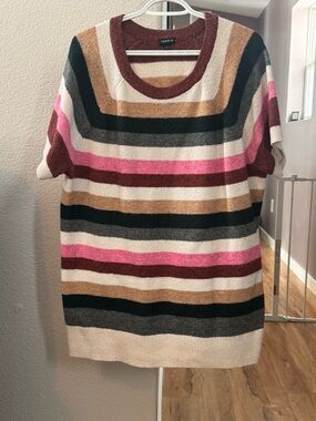 Torrid Multicolor Striped Short-Sleeve long Sweater — Pink, Burgundy & Tan